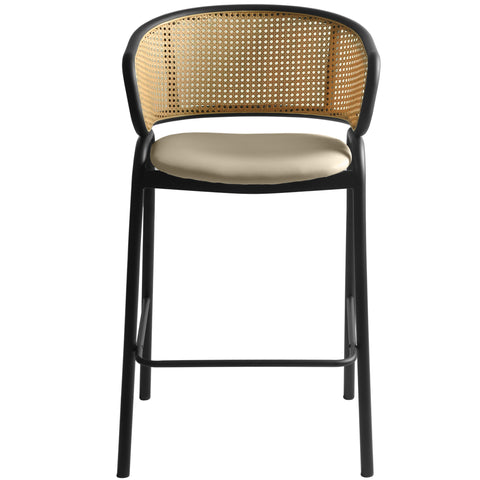 Ervilla Wicker Bar Stool with Leather Seat and Black Stainless Steel Frame