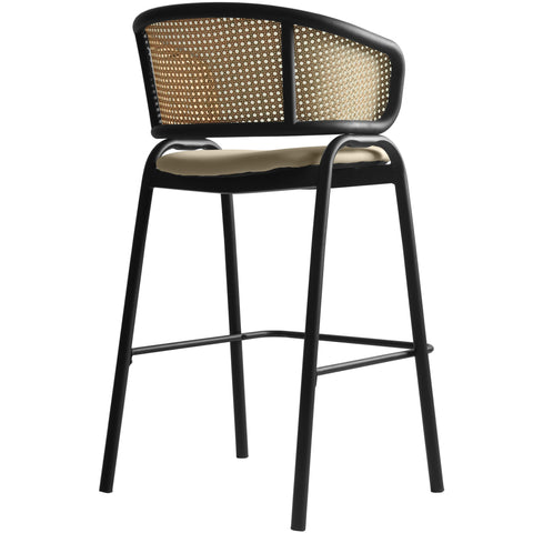 Ervilla Wicker Bar Stool with Leather Seat and Black Stainless Steel Frame