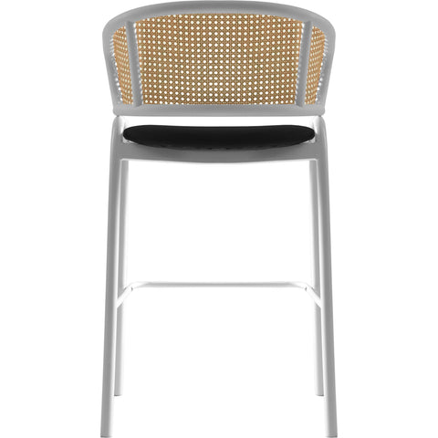 Ervilla Wicker Bar Stool with Leather Seat and White Stainless Steel Frame