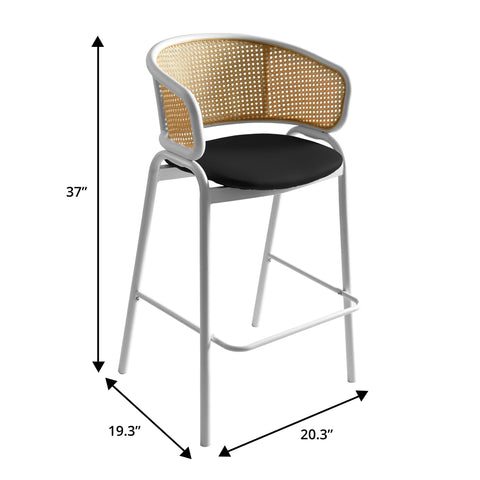 Ervilla Wicker Bar Stool with Leather Seat and White Stainless Steel Frame