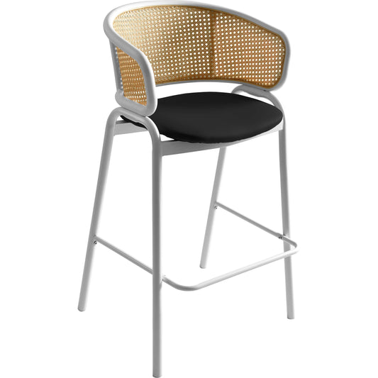 Ervilla Wicker Bar Stool with Leather Seat and White Stainless Steel Frame