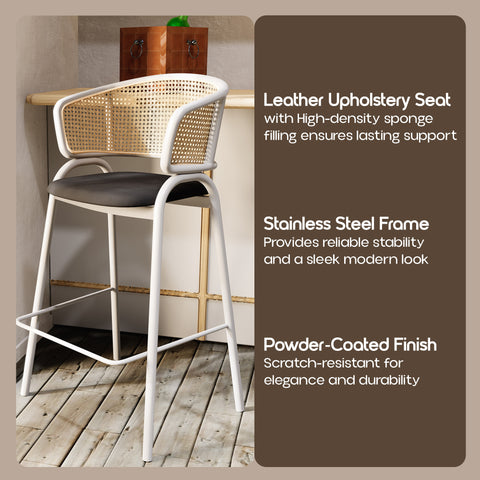 Ervilla Wicker Bar Stool with Leather Seat and White Stainless Steel Frame