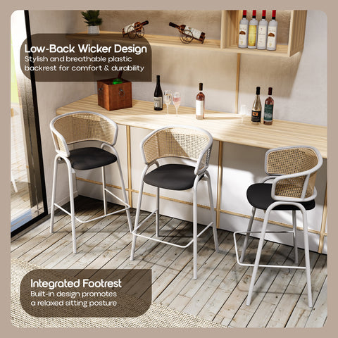 Ervilla Wicker Bar Stool with Leather Seat and White Stainless Steel Frame