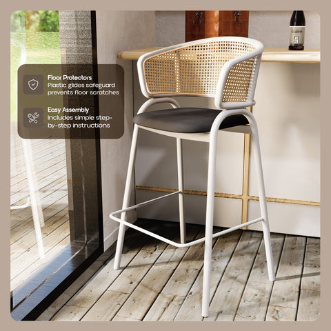 Ervilla Wicker Bar Stool with Leather Seat and White Stainless Steel Frame