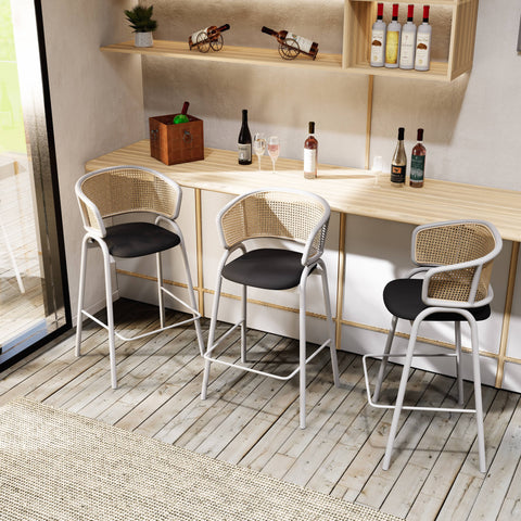 Ervilla Wicker Bar Stool with Leather Seat and White Stainless Steel Frame