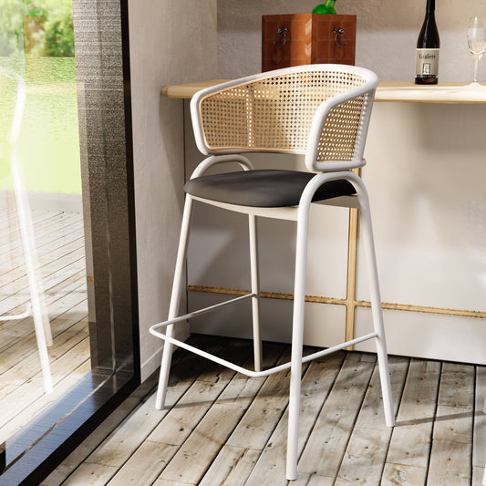 Ervilla Wicker Bar Stool with Leather Seat and White Stainless Steel Frame