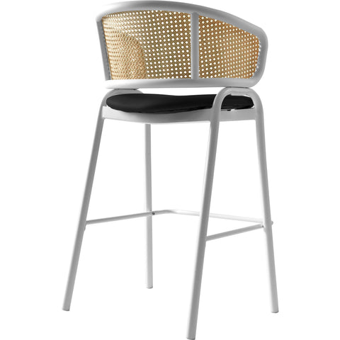 Ervilla Wicker Bar Stool with Leather Seat and White Stainless Steel Frame