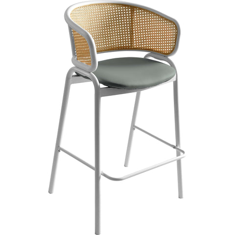 Ervilla Wicker Bar Stool with Leather Seat and White Stainless Steel Frame