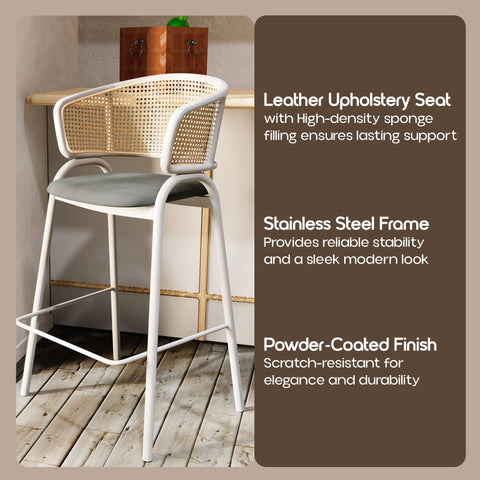 Ervilla Wicker Bar Stool with Leather Seat and White Stainless Steel Frame