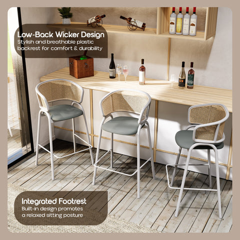 Ervilla Wicker Bar Stool with Leather Seat and White Stainless Steel Frame