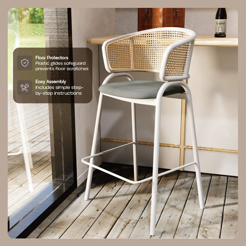 Ervilla Wicker Bar Stool with Leather Seat and White Stainless Steel Frame