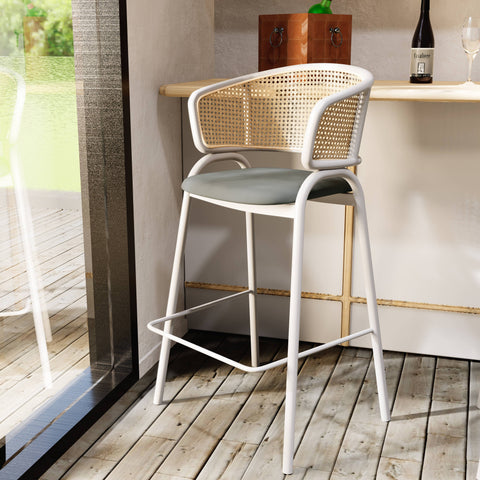 Ervilla Wicker Bar Stool with Leather Seat and White Stainless Steel Frame