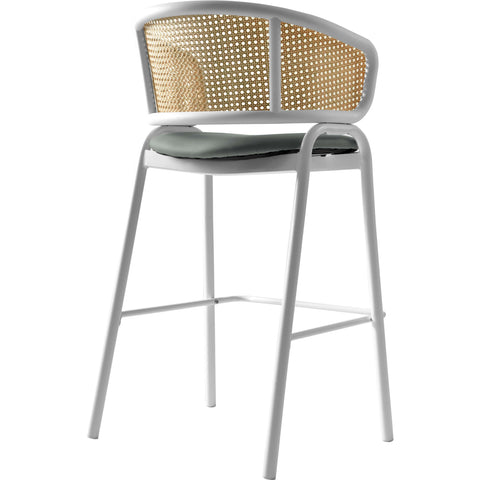 Ervilla Wicker Bar Stool with Leather Seat and White Stainless Steel Frame