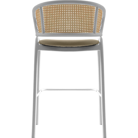 Ervilla Wicker Bar Stool with Leather Seat and White Stainless Steel Frame