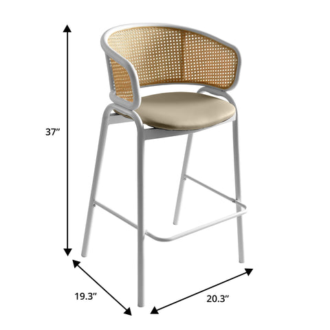 Ervilla Wicker Bar Stool with Leather Seat and White Stainless Steel Frame