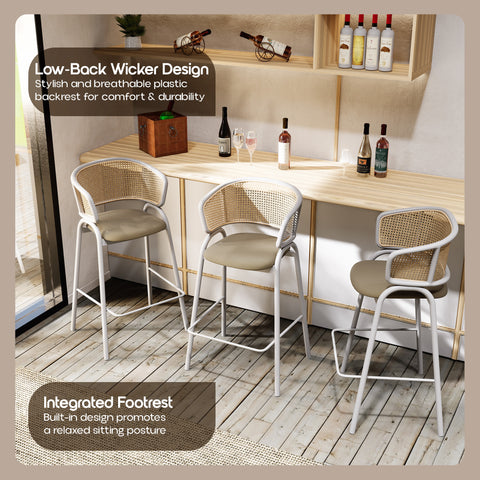 Ervilla Wicker Bar Stool with Leather Seat and White Stainless Steel Frame