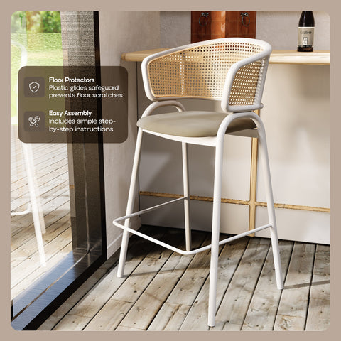 Ervilla Wicker Bar Stool with Leather Seat and White Stainless Steel Frame