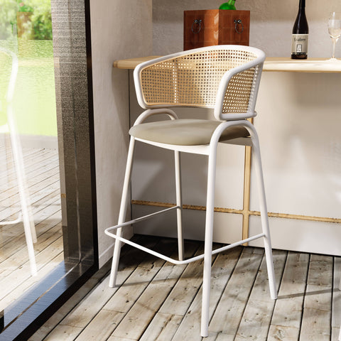 Ervilla Wicker Bar Stool with Leather Seat and White Stainless Steel Frame