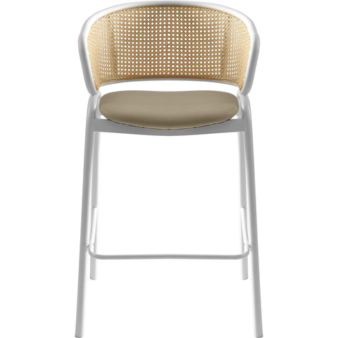 Ervilla Wicker Bar Stool with Leather Seat and White Stainless Steel Frame