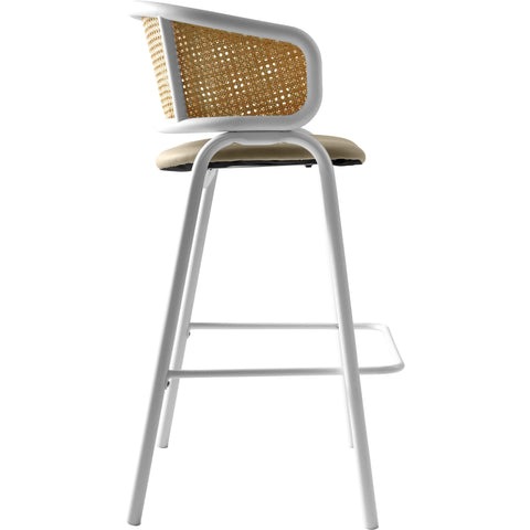 Ervilla Wicker Bar Stool with Leather Seat and White Stainless Steel Frame