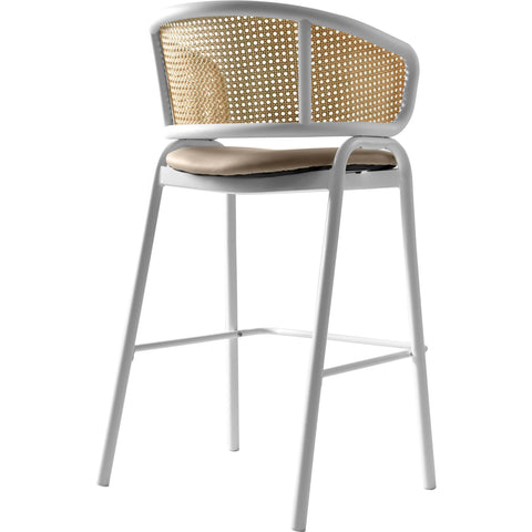 Ervilla Wicker Bar Stool with Leather Seat and White Stainless Steel Frame