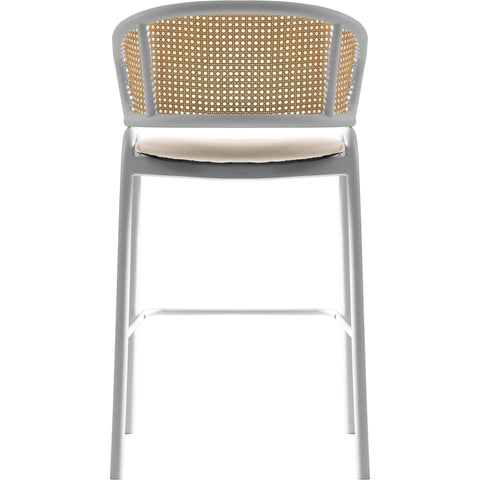 Ervilla Wicker Bar Stool with Leather Seat and White Stainless Steel Frame