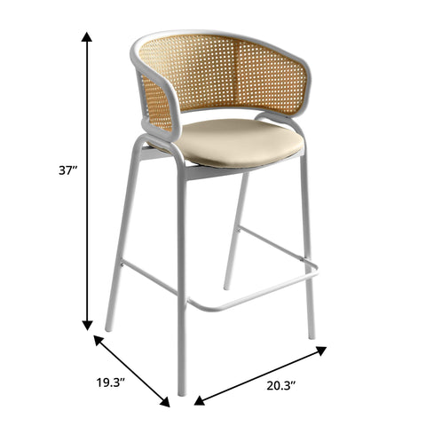 Ervilla Wicker Bar Stool with Leather Seat and White Stainless Steel Frame