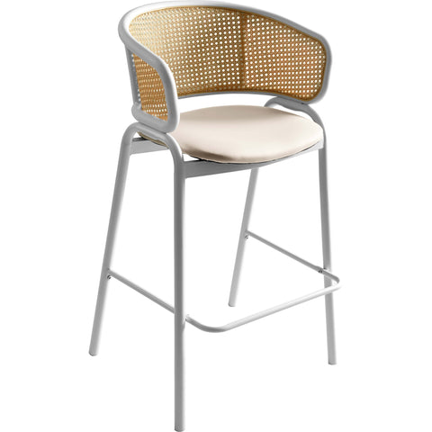 Ervilla Wicker Bar Stool with Leather Seat and White Stainless Steel Frame