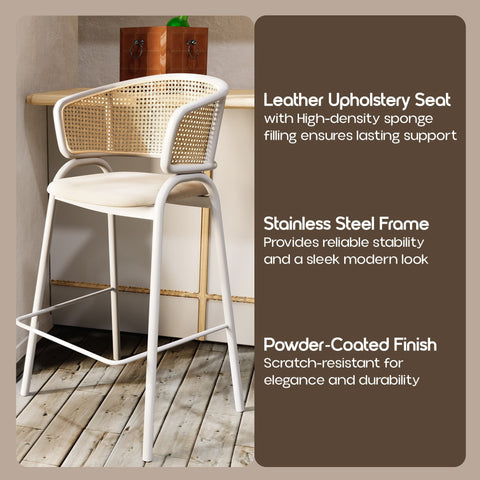 Ervilla Wicker Bar Stool with Leather Seat and White Stainless Steel Frame