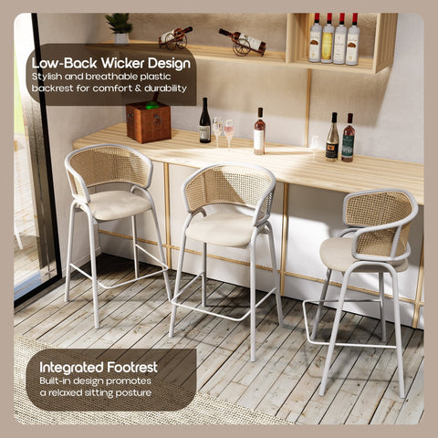 Ervilla Wicker Bar Stool with Leather Seat and White Stainless Steel Frame