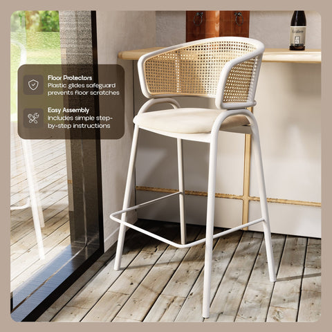 Ervilla Wicker Bar Stool with Leather Seat and White Stainless Steel Frame