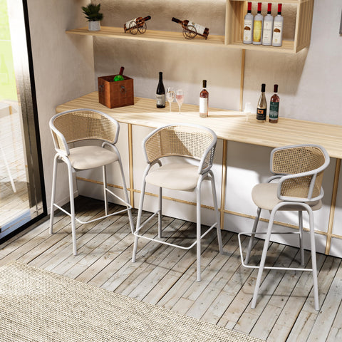 Ervilla Wicker Bar Stool with Leather Seat and White Stainless Steel Frame