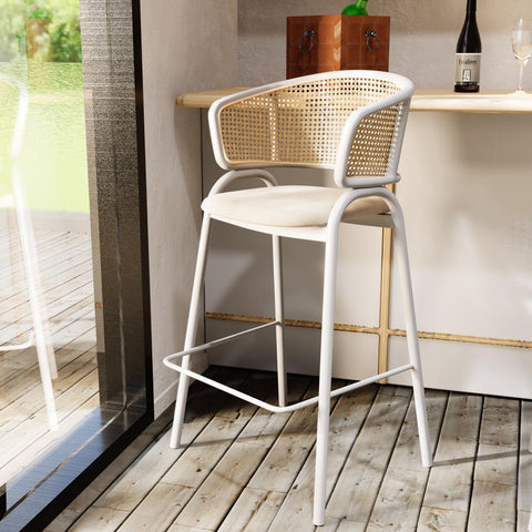 Ervilla Wicker Bar Stool with Leather Seat and White Stainless Steel Frame