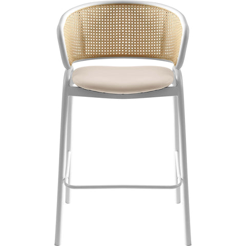 Ervilla Wicker Bar Stool with Leather Seat and White Stainless Steel Frame