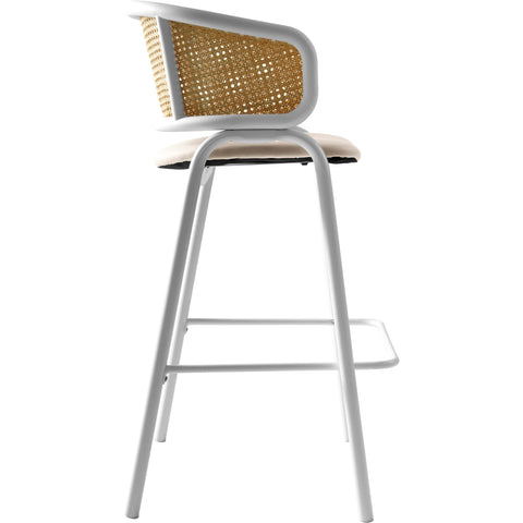 Ervilla Wicker Bar Stool with Leather Seat and White Stainless Steel Frame