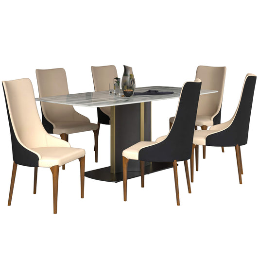 Sylvia 7-Piece Dining Set with Rectangular Sintered Stone Top Table and 6 Upholstered Dining Chairs with Ash Wood Base