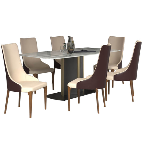 Sylvia 7-Piece Dining Set with Rectangular Sintered Stone Top Table and 6 Upholstered Dining Chairs with Ash Wood Base