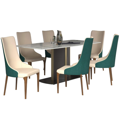 Sylvia 7-Piece Dining Set with Rectangular Sintered Stone Top Table and 6 Upholstered Dining Chairs with Ash Wood Base