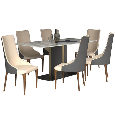 Sylvia 7-Piece Dining Set with Rectangular Sintered Stone Top Table and 6 Upholstered Dining Chairs with Ash Wood Base