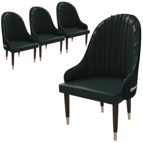 Elara Leather Dining Chair with Elegant Ripple Back and Gold Accents in Rubberwood Set of 4