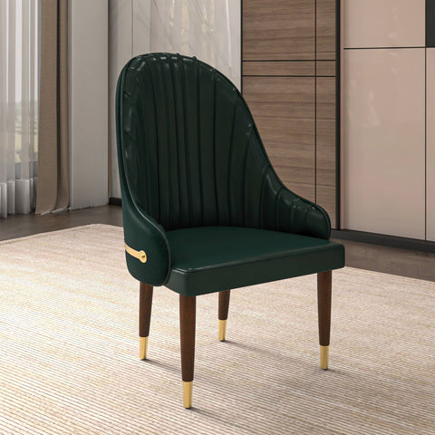 Elara Leather Dining Chair with Elegant Ripple Back and Gold Accents in Rubberwood Set of 4