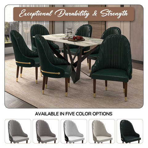 Elara Leather Dining Chair with Elegant Ripple Back and Gold Accents in Rubberwood Set of 4