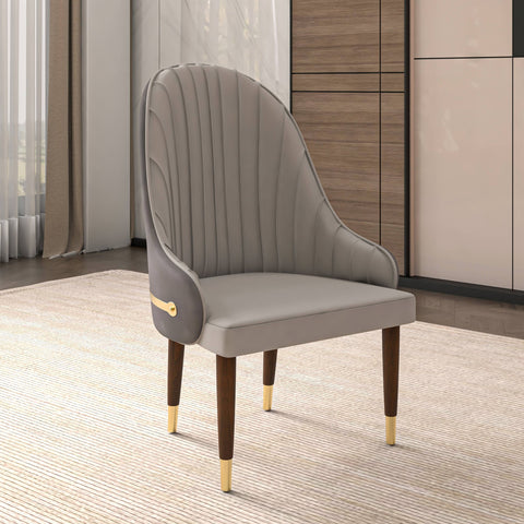 Elara Leather Dining Chair with Elegant Ripple Back and Gold Accents in Rubberwood Set of 4