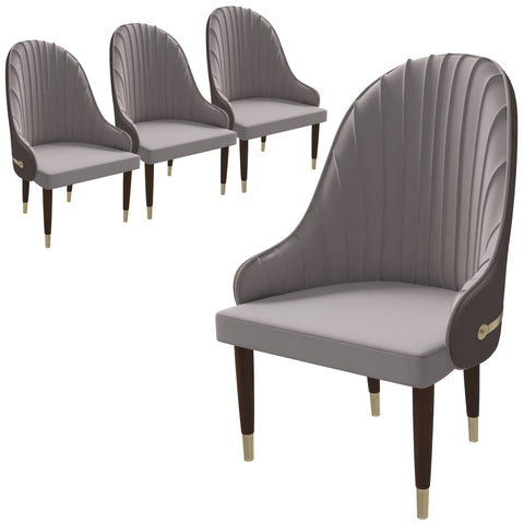 Elara Leather Dining Chair with Elegant Ripple Back and Gold Accents in Rubberwood Set of 4