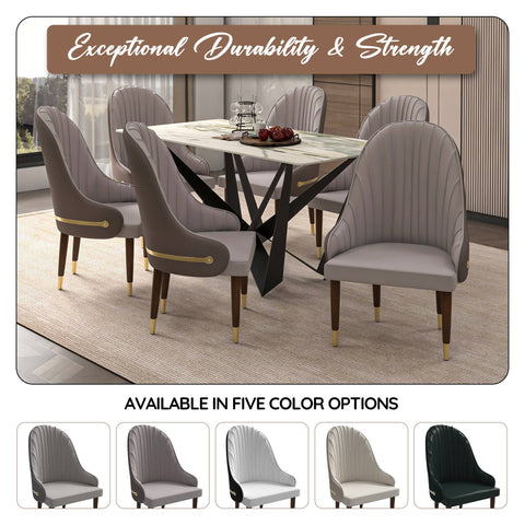 Elara Leather Dining Chair with Elegant Ripple Back and Gold Accents in Rubberwood Set of 4