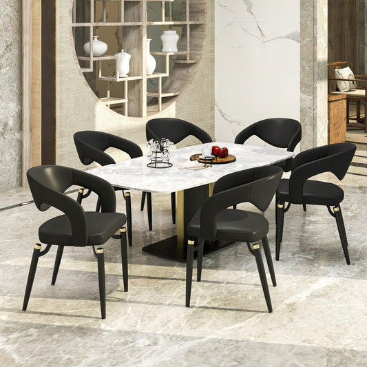 Entice Dining Chairs Upholstered Leather Seat and Curved Back in Black Iron Legs