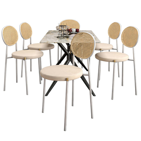 Elega 7-Piece Dining Set with Rectangular Sintered Stone Table and 6 Velvet Side Chairs with Wicker Back