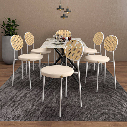 Elega 7-Piece Dining Set with Rectangular Sintered Stone Table and 6 Velvet Side Chairs with Wicker Back