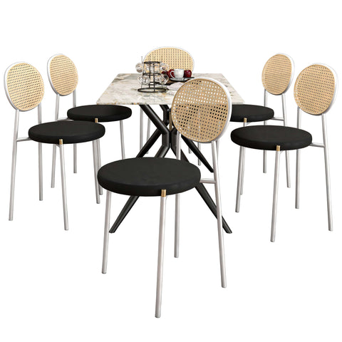 Elega 7-Piece Dining Set with Rectangular Sintered Stone Table and 6 Velvet Side Chairs with Wicker Back