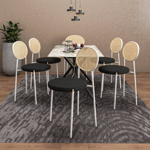 Elega 7-Piece Dining Set with Rectangular Sintered Stone Table and 6 Velvet Side Chairs with Wicker Back